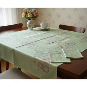 Vtg Table Cloth Napkins Set Green Floral Hand Painted Combed Yarns Damask